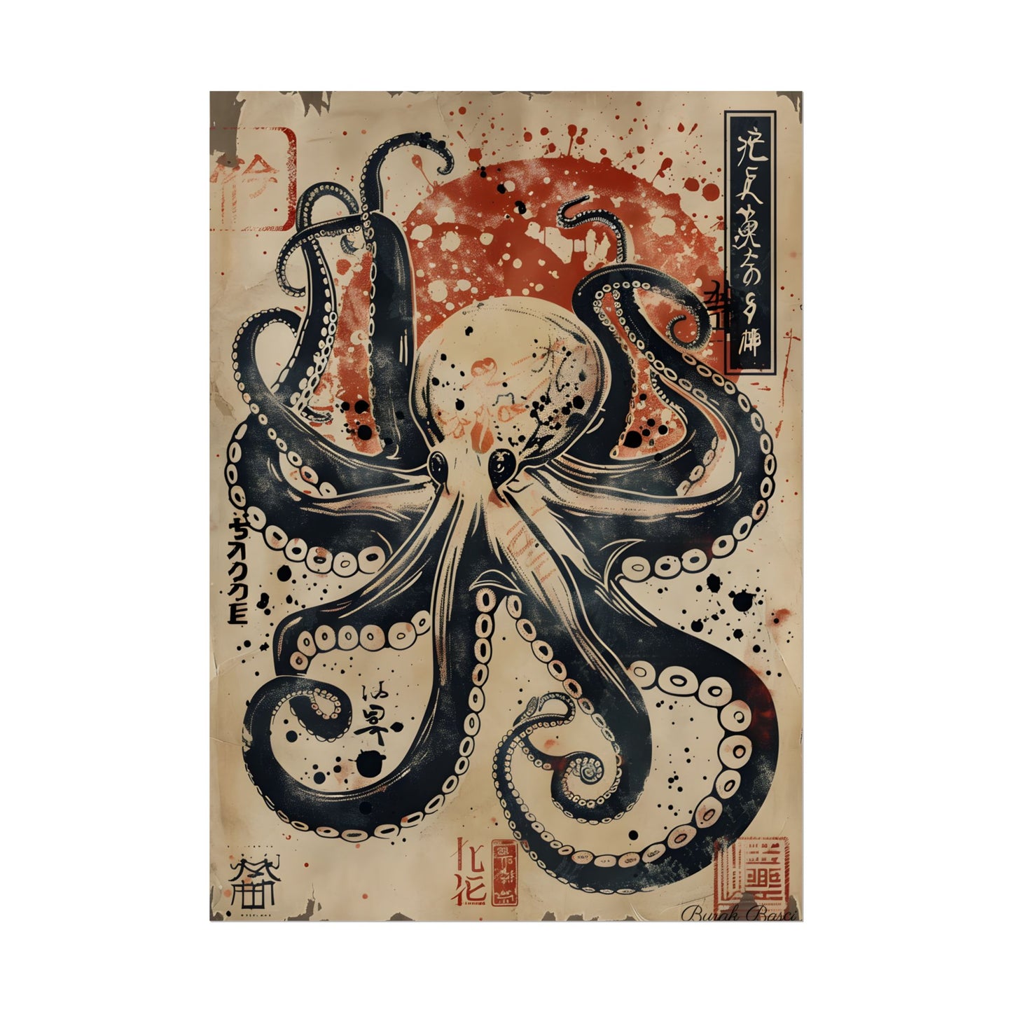 Stylized Octopus: Vibrant Japanese Ukiyo-E Artwork - Poster