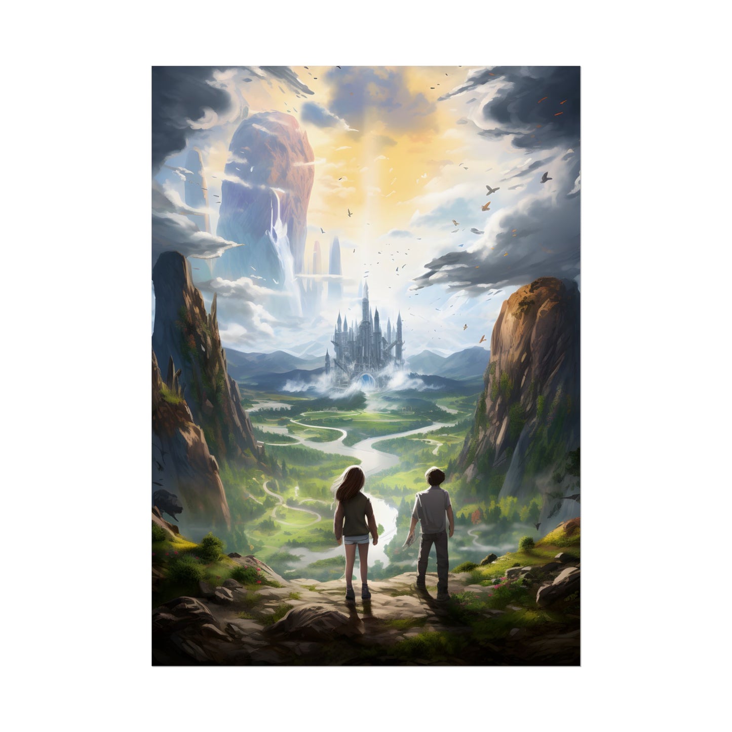 Girl and Boy in Serene Meadow: A Moment on Cloudy Hill - Poster
