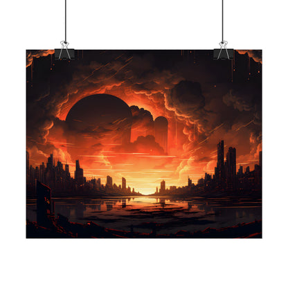 Futuristic Cyberpunk Night: Burning Cityscape Landscape Art - Poster