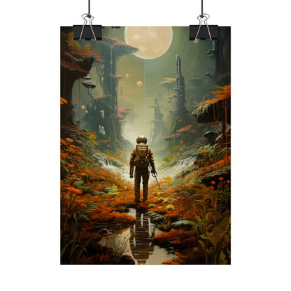 Futuristic Explorer in Wilderness: Digital Artwork - Poster