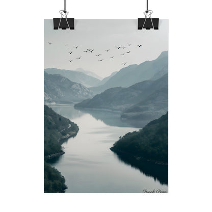 Peaceful Mountain Oasis: Serene Birds Eye View Artwork - Poster