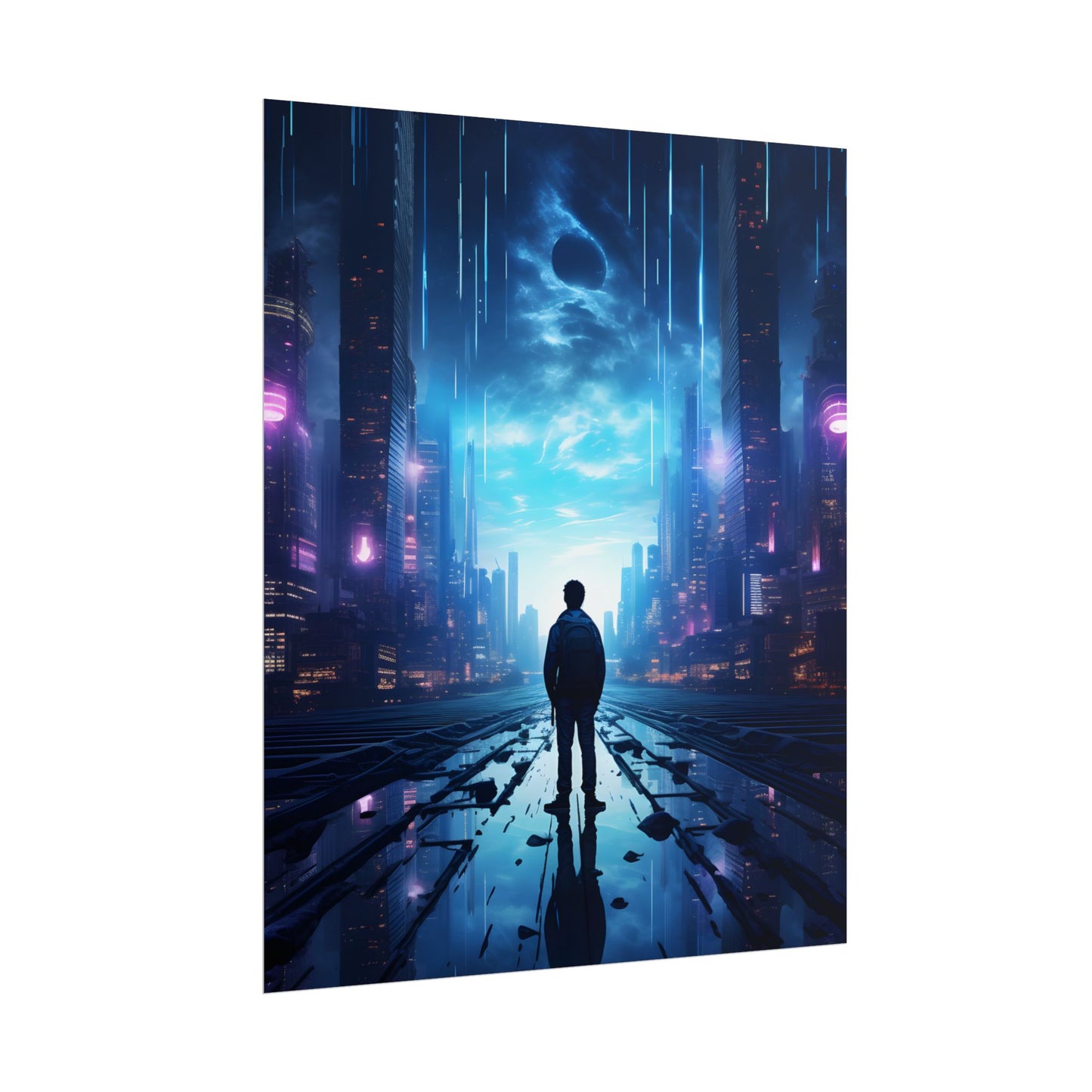 Cyberpunk Cityscape at Night: Melancholic Landscape Digital Art - Poster