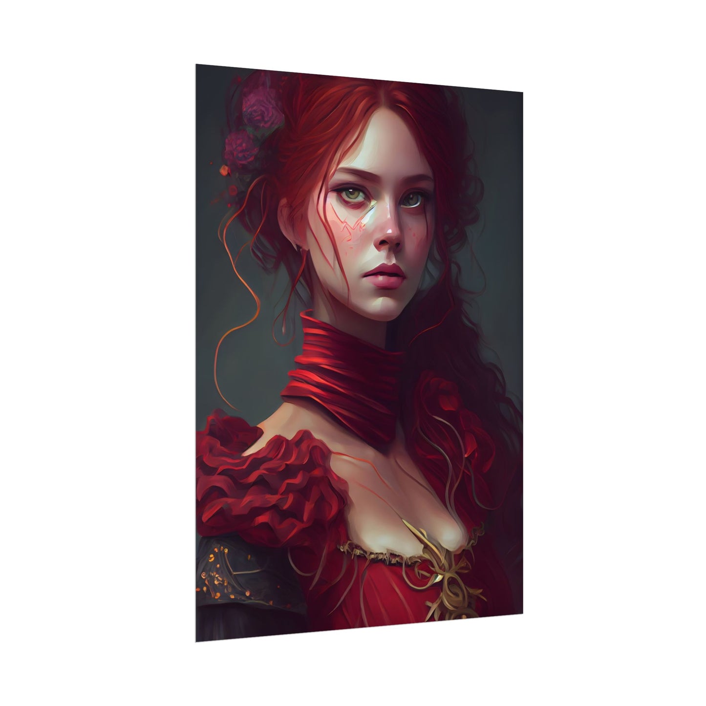 Vibrant Redhead Portrait: Female Artwork in Red Dress - Poster