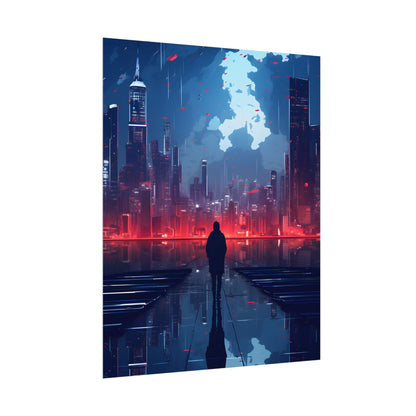 Cyberpunk Night Cityscape: A Melancholic Moment - Poster