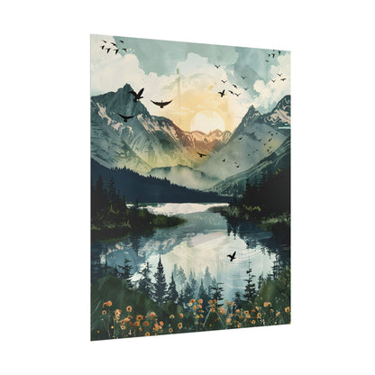 Serene Mountain Lake: Birds in Flight - Natural Art - Poster