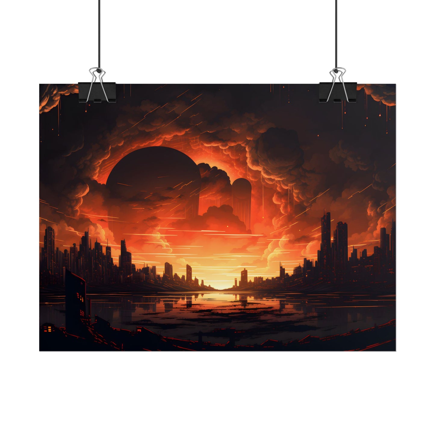 Futuristic Cyberpunk Night: Burning Cityscape Landscape Art - Poster