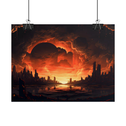 Futuristic Cyberpunk Night: Burning Cityscape Landscape Art - Poster