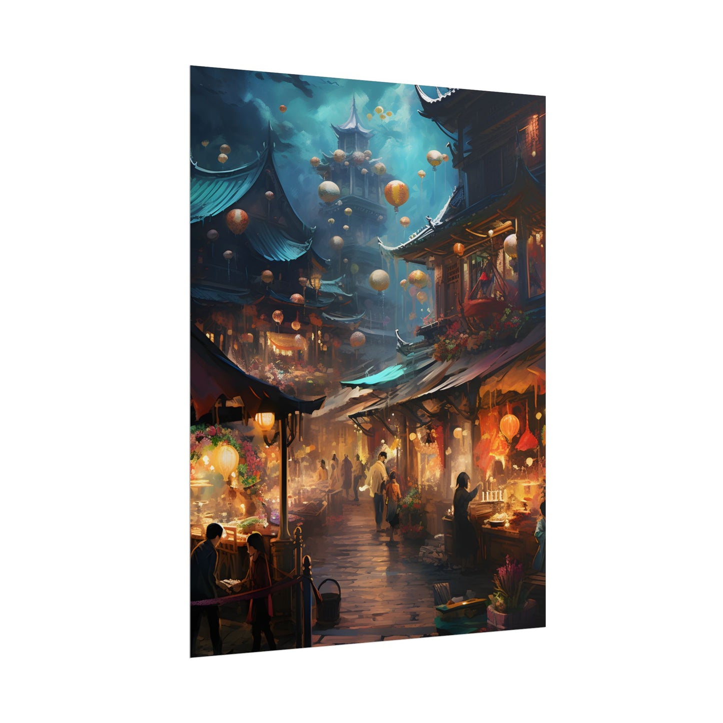 Enchanted Street Food Market: Vibrant Evening Artwork - Poster
