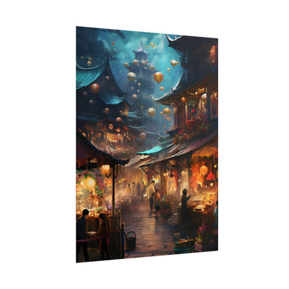 Enchanted Street Food Market: Vibrant Evening Artwork - Poster