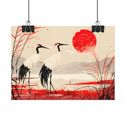 Peaceful Cranes in Serene Nature: Landscape Artwork - Poster