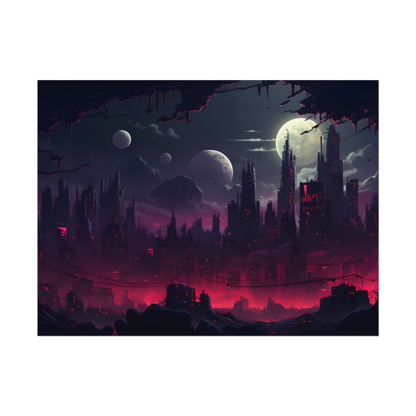 Burning Cyberpunk Cityscape at Night: Digital Art - Poster