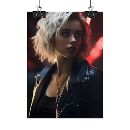 Cyberpunk Blonde: Closeup Portrait in Neon Hues - Poster