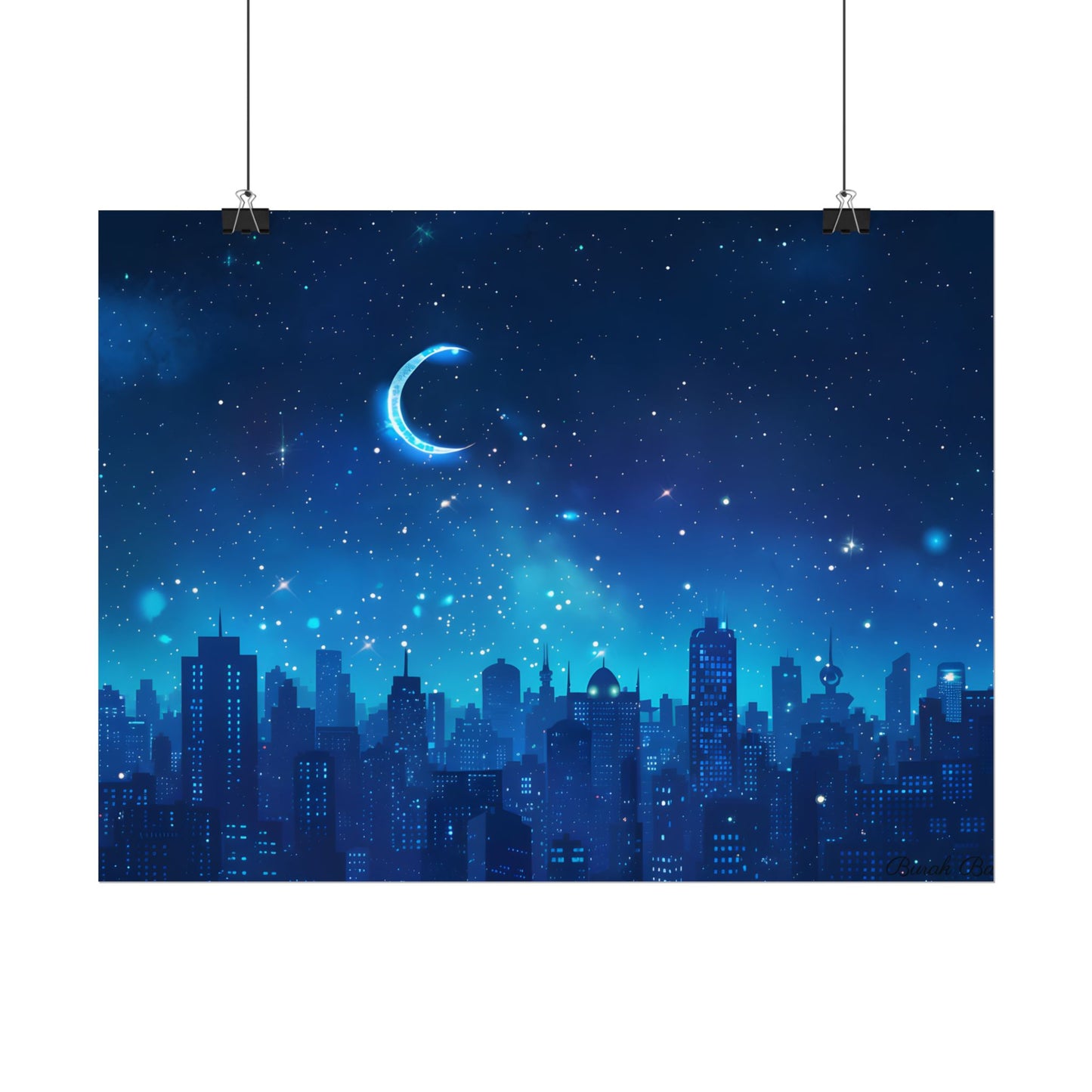 Peaceful Night Sky with Crescent Moon: Starry Digital Art - Poster
