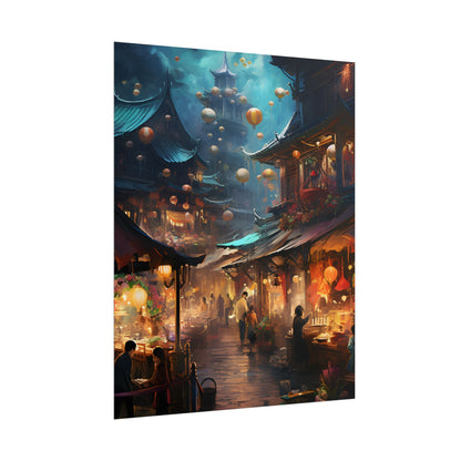 Enchanted Street Food Market: Vibrant Evening Artwork - Poster