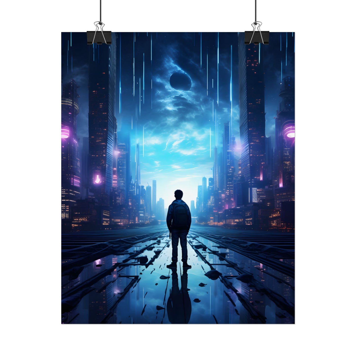 Cyberpunk Cityscape at Night: Melancholic Landscape Digital Art - Poster