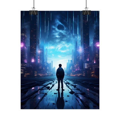 Cyberpunk Cityscape at Night: Melancholic Landscape Digital Art - Poster