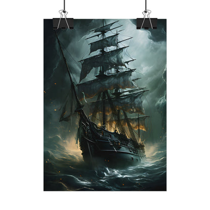 Ghostly Pirate Ship: Sailing Solo in Eerie Blue Skies - Poster