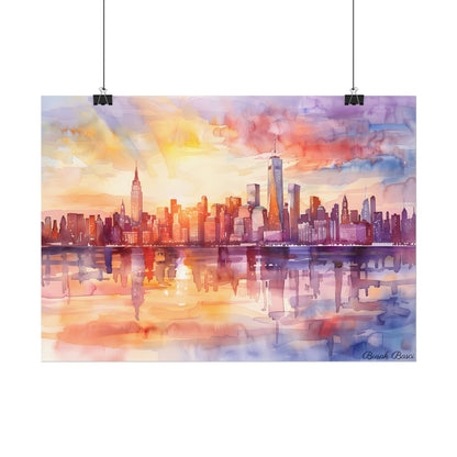 Watercolor Sunset New York City Skyline: Beautiful Artwork - Poster