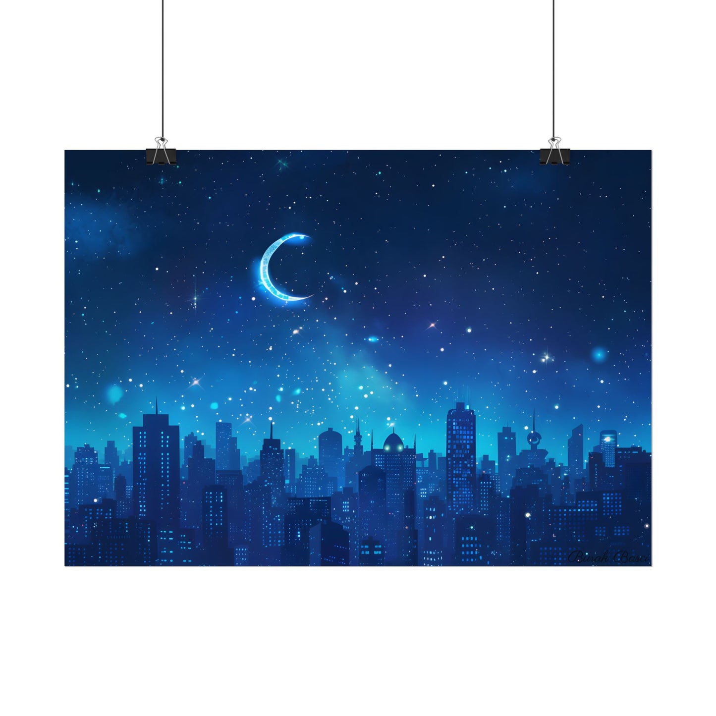 Peaceful Night Sky with Crescent Moon: Starry Digital Art - Poster