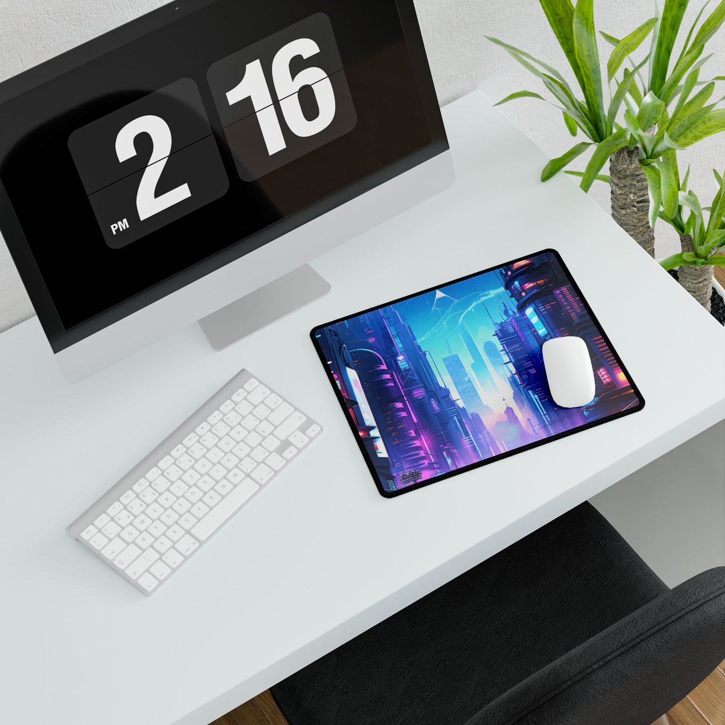 Futuristic Cityscape: Cyberpunk Dystopia Digital Artwork - Desk Mat