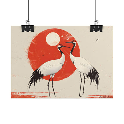 Serene Wildlife Sanctuary: Cranes in Red Nature Scene Art - Poster