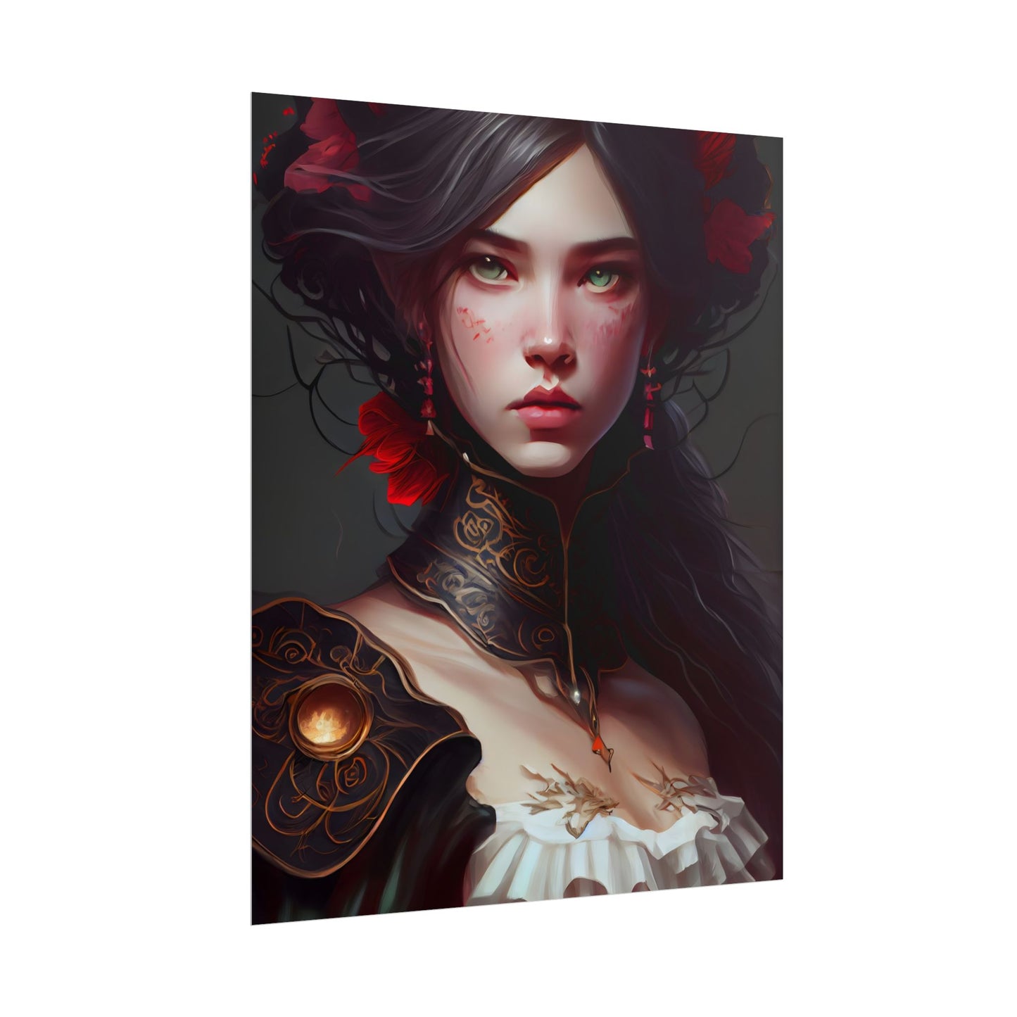 Elegant Black Hair Portrait in White Dress - Poster