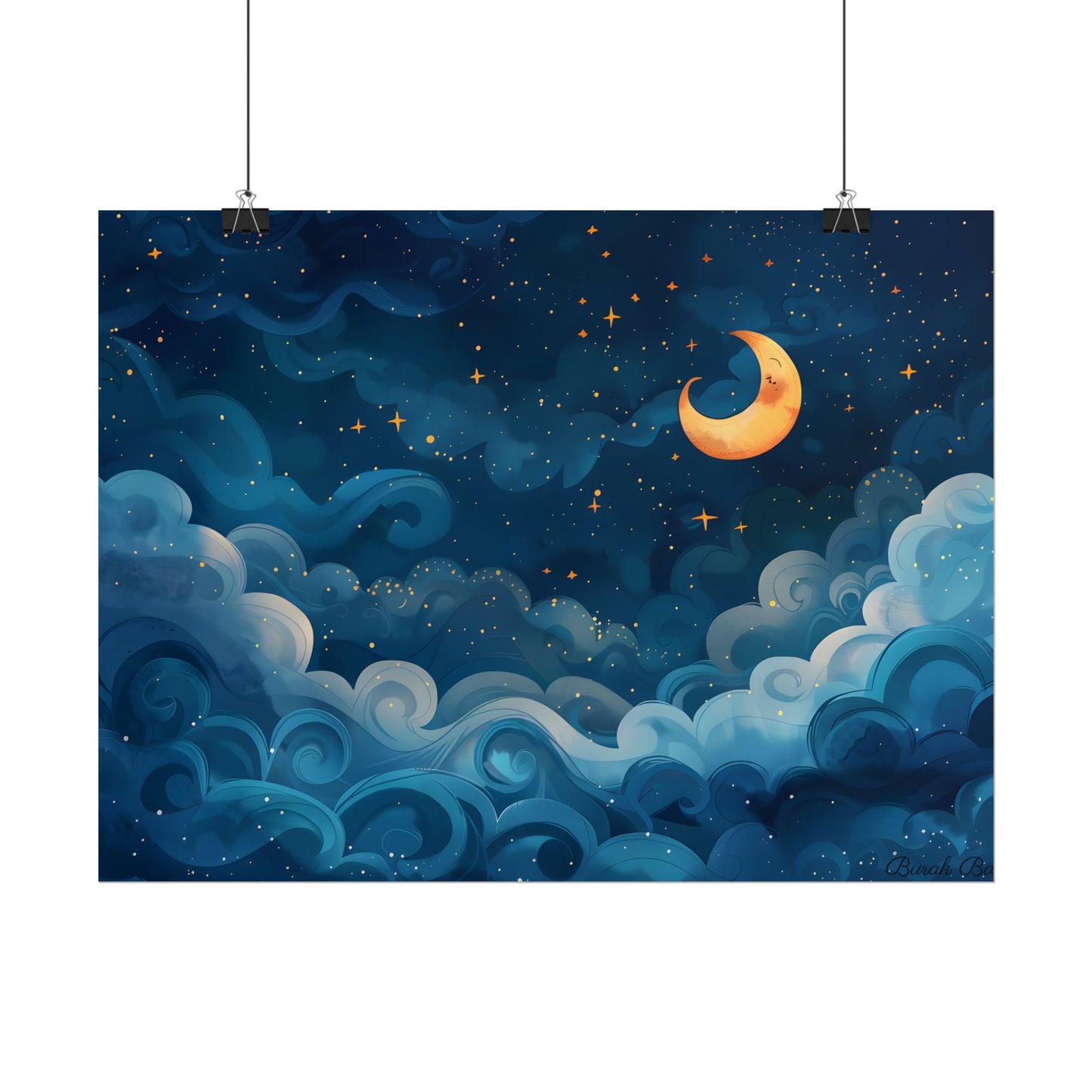 Surreal Night Sky Dreamscape: Whimsical Stars and Clouds Art - Poster