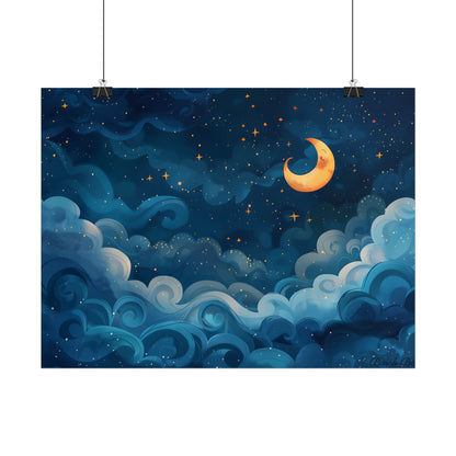 Surreal Night Sky Dreamscape: Whimsical Stars and Clouds Art - Poster