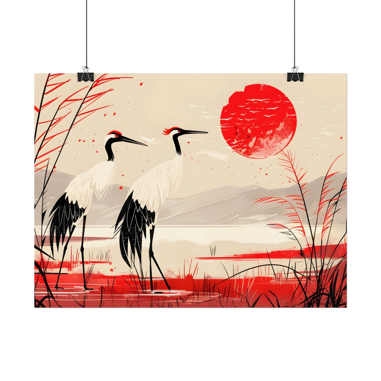 Peaceful Cranes in Serene Nature: Landscape Artwork - Poster