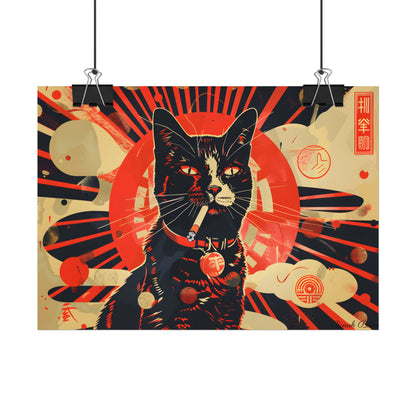 Vintage Whimsy: Cat Smokes Cigarette on Blue Background - Poster