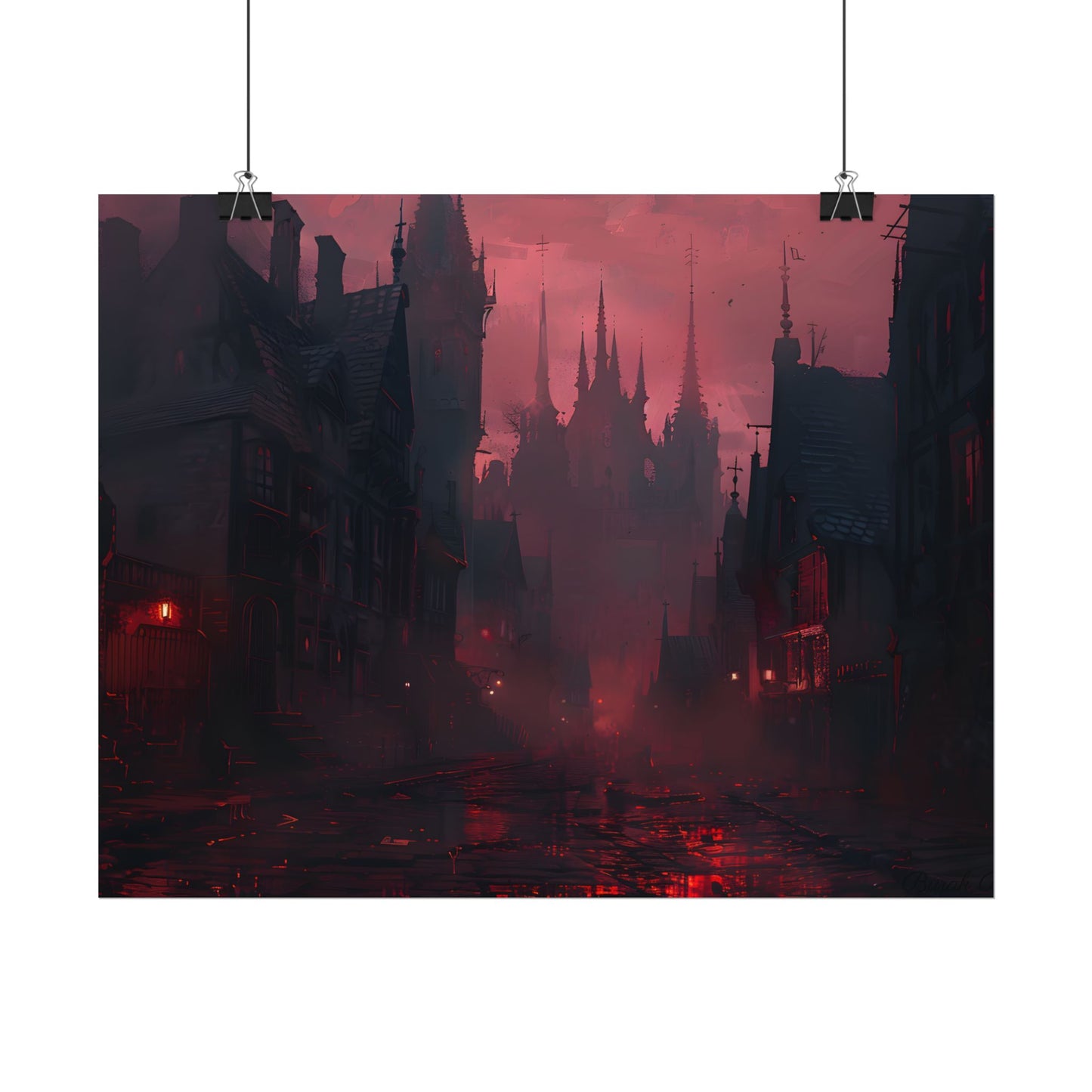 Dark Gothic Cityscape: A Serene Misty Dusk Scene - Poster