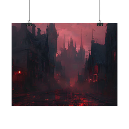 Dark Gothic Cityscape: A Serene Misty Dusk Scene - Poster