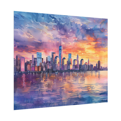 Serene NYC Sunset: Watercolor Skyline Reflections - Poster