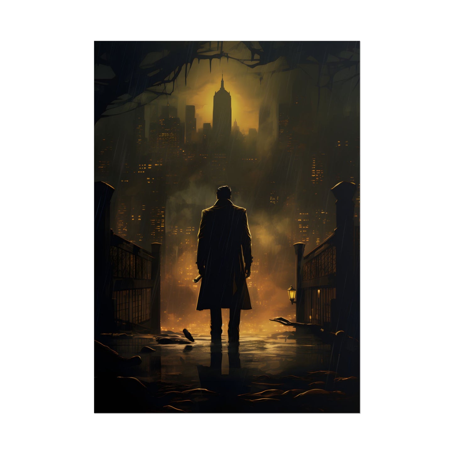 Urban Fantasy Detective: Moody City Skyline Reflection - Poster