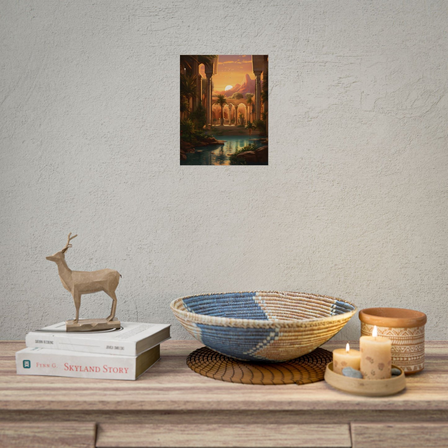 Desert Oasis at Sunset: Magical Desert Artwork - Poster