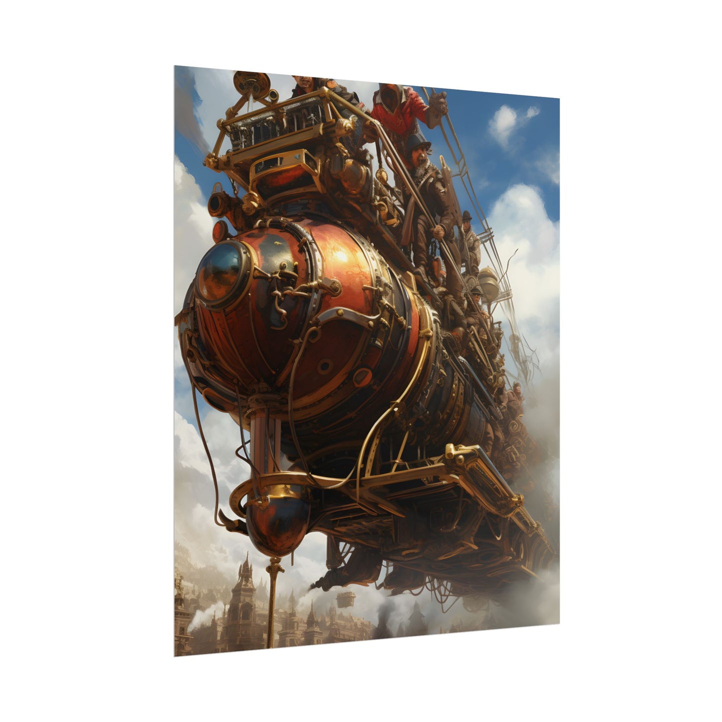 Thrilling Steampunk Sky-Liner: Racing Steam Locomotive on Colum - Poster