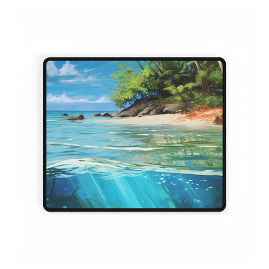 Tropical Island Paradise: Serene Hut and Beach Scene - Desk Mat