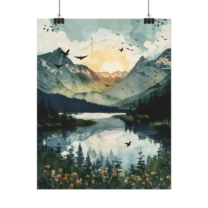 Serene Mountain Lake: Birds in Flight - Natural Art - Poster