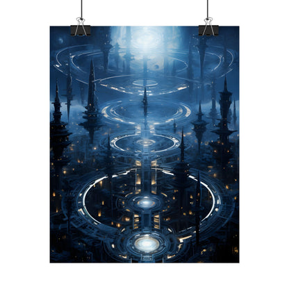 Aetherial Space Station: Galactic Hub in Vibrant Blue Nebula - Poster
