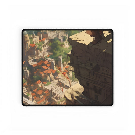 Dramatic Anime Bird's Eye View: Blonde Female in Action with Flying Birds - Desk Mat