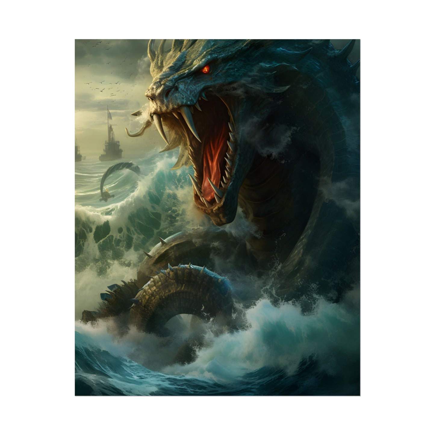Mythical Sea Monster: Calming Green Scaled Creature Art - Poster