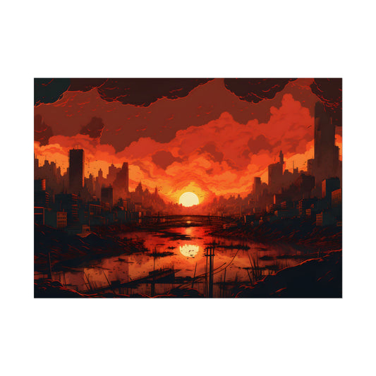 Cyberpunk Burning City: Night Landscape Digital Art - Poster
