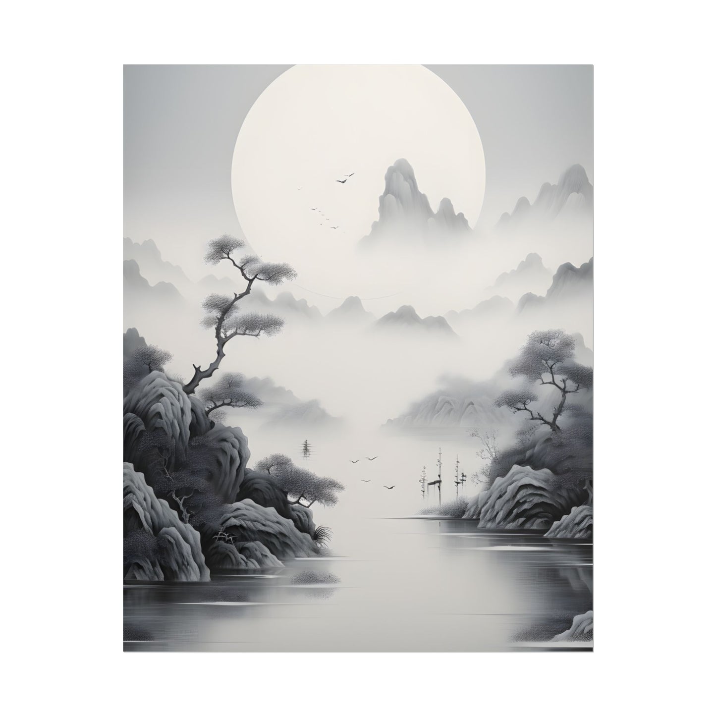 Chinese Ink Mirror Landscape: Serene Artwork - Poster