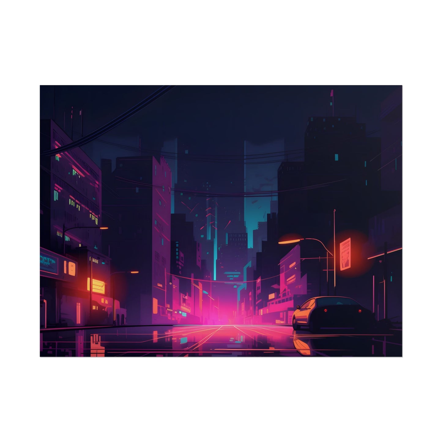Cyberpunk Night: Moody Cityscape with Unique Architecture - Poster