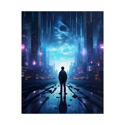 Cyberpunk Cityscape at Night: Melancholic Landscape Digital Art - Poster