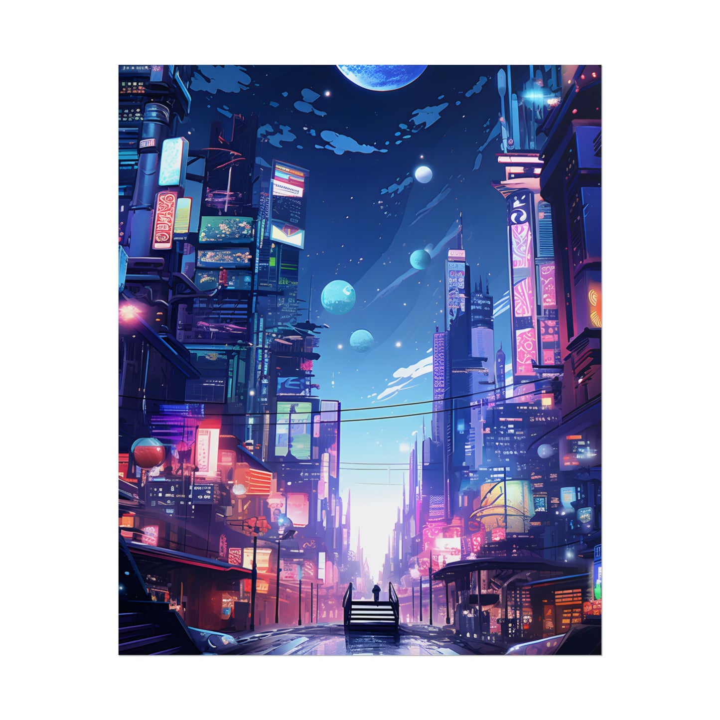 Melancholic Night in Cyberpunk City: Urban Landscape Art - Poster