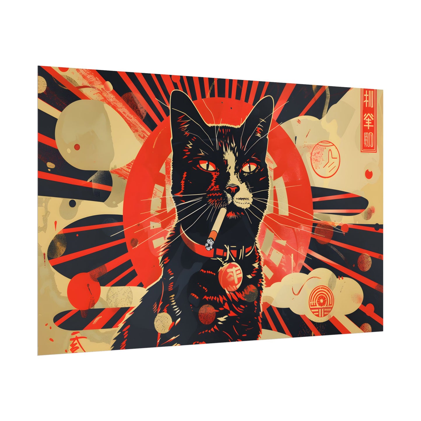Vintage Whimsy: Cat Smokes Cigarette on Blue Background - Poster