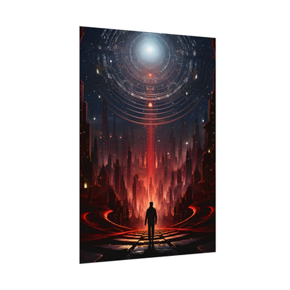 Futuristic Cityscape: Neon Sky Meets Nature's Harmony - Poster