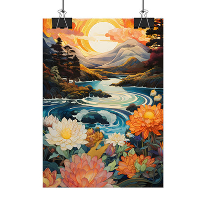Peaceful River Landscape: Flowers Blooming - Poster