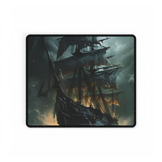 Ghostly Pirate Ship: Sailing Solo in Eerie Blue Skies - Desk Mat